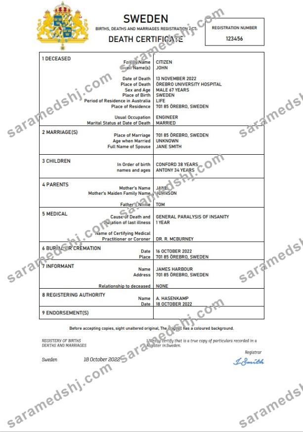 Sweden vital record death certificate Word and PDF template